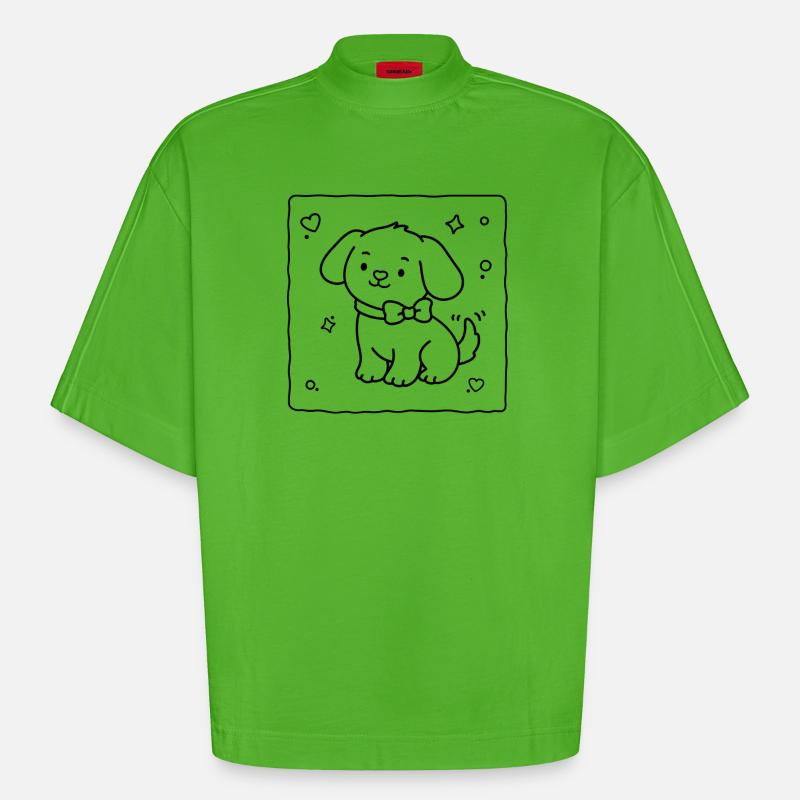 Petit chiot mignon | Lulu Lotus - T-shirt bio épais oversize Boxy fabriqué en UE - Apple Neon