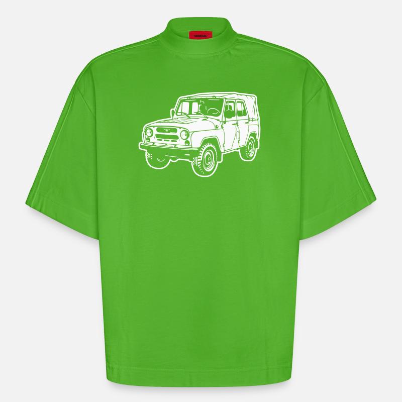 Véhicule tout-terrain UAZ (image différente) - T-shirt bio épais oversize Boxy fabriqué en UE - Apple Neon