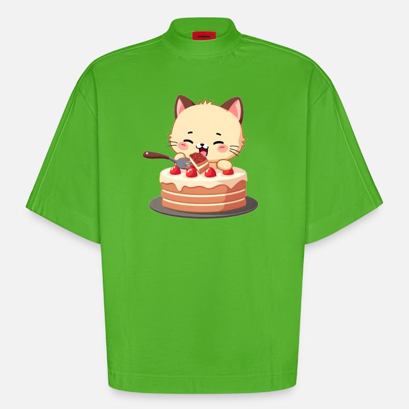 Cat eats cake - Heavyweight Oversized Organic Boxy T-Shirt Made in EU - Apple Neon