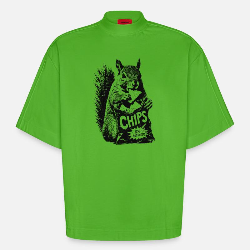 Chips Squirrel - Heavyweight Oversized Organic Boxy T-Shirt Made in EU - Apple Neon
