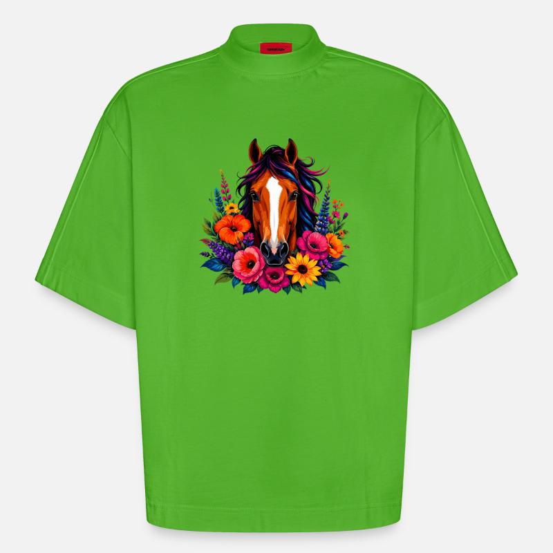 Cheval avec une couronne de fleurs - T-shirt bio épais oversize Boxy fabriqué en UE - Apple Neon