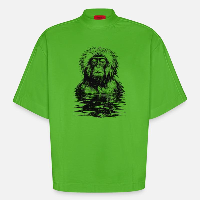Onsen Macaque Monkey - T-shirt bio épais oversize Boxy fabriqué en UE - Apple Neon