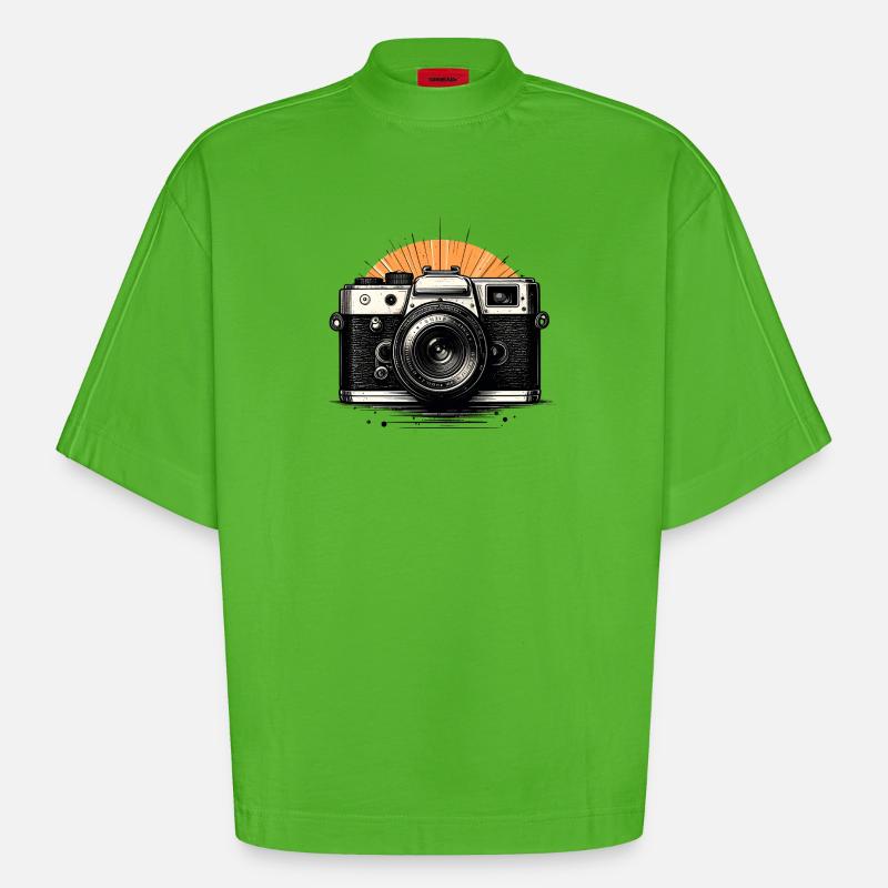 Caméra rétro Sunburst - T-shirt bio épais oversize Boxy fabriqué en UE - Apple Neon