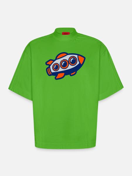 Space Rocket Illustration - Heavyweight Oversized Organic Boxy T-Shirt Made in EU - Apple Neon