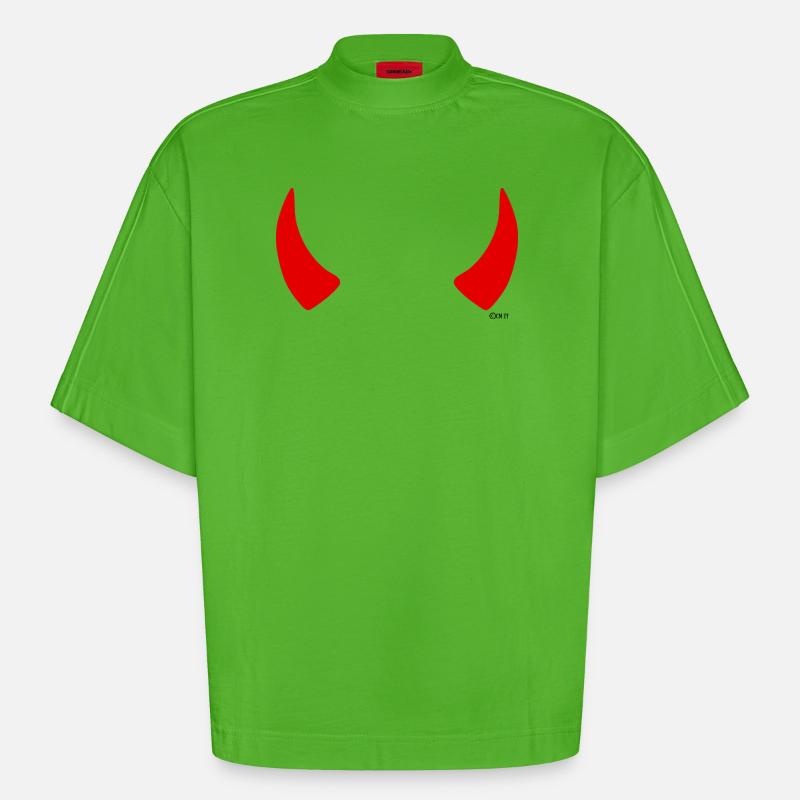 Red Horns - Heavyweight Oversized Organic Boxy T-Shirt Made in EU - Apple Neon