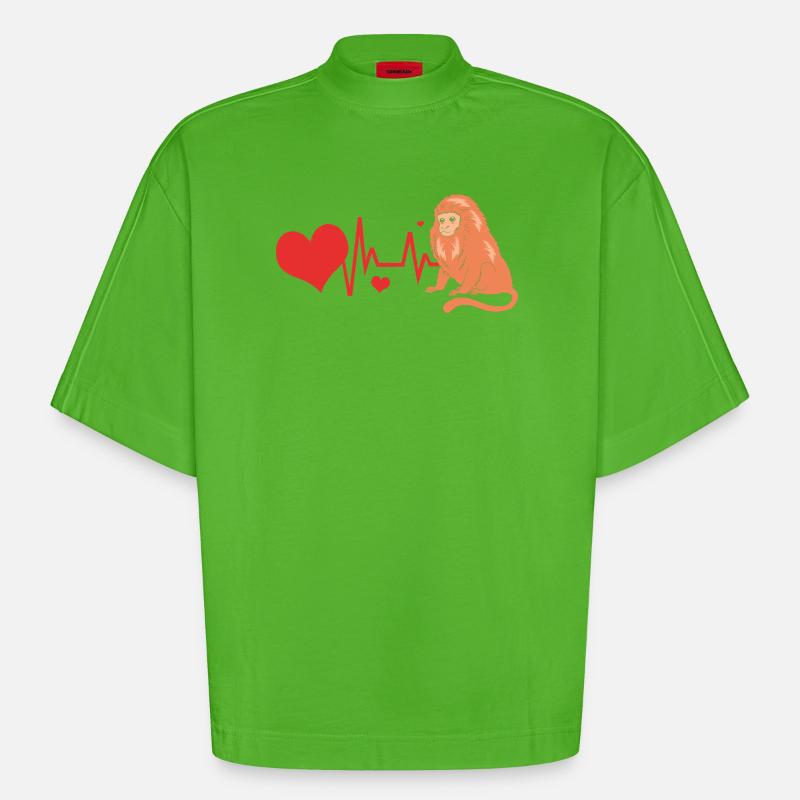 Tamarin Monkey Monkey Monkey Monkey Face - Heavyweight Oversized Organic Boxy T-Shirt Made in EU - Apple Neon
