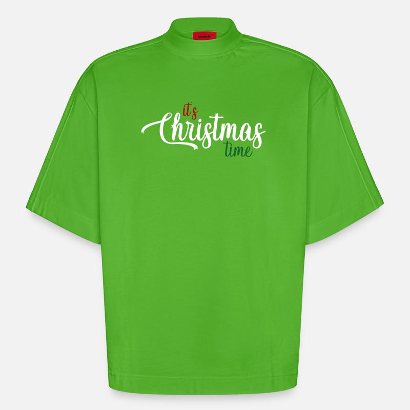 Kersttijd script: It’s Christmas Time - Heavyweight Oversized Organic Boxy T-Shirt Made in EU - Apple Neon