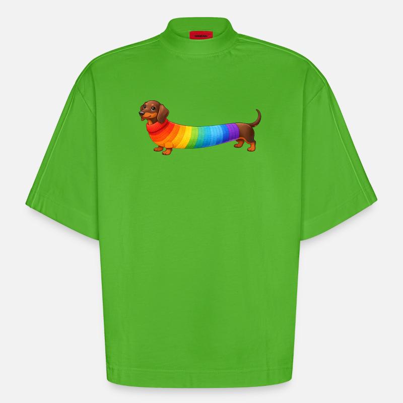 Teckel avec un pull arc-en-ciel - T-shirt bio épais oversize Boxy fabriqué en UE - Apple Neon
