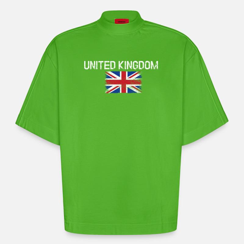 Impression du drapeau vieilli du Royaume-Uni - T-shirt bio épais oversize Boxy fabriqué en UE - Apple Neon
