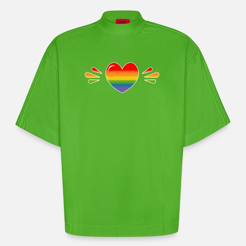 Rainbow Sparkling heart BLACK SHIRT - Heavyweight Oversized Organic Boxy T-Shirt Made in EU - Apple Neon