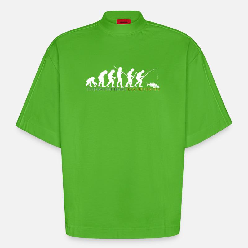 FISHING EVOLUTION (weiße Version) - Heavyweight Oversized Organic Boxy T-Shirt Made in EU - Apple Neon