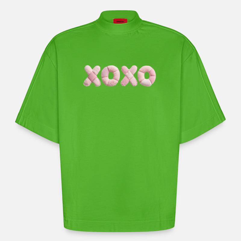 Plüsch Patchwork XOXO Design Pink - Heavyweight Oversized Organic Boxy T-Shirt Made in EU - Apple Neon