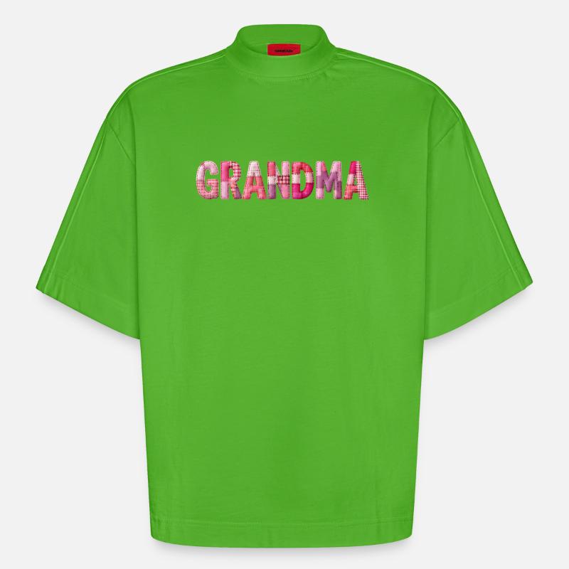 Grandmother Pink Plaid Letters Patchwork - Heavyweight Oversized Organic Boxy T-Shirt Made in EU - Apple Neon