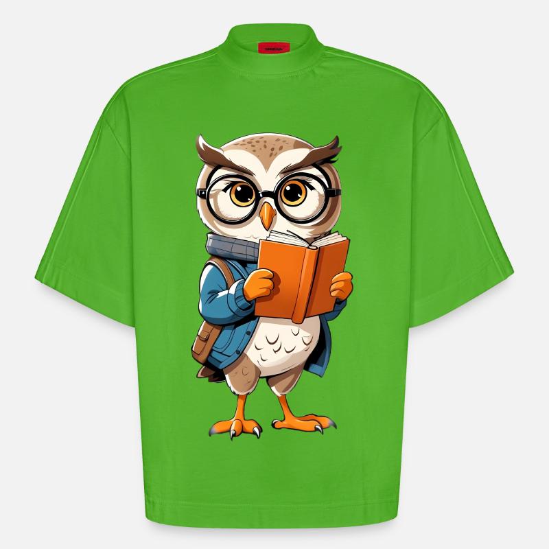 Lernende Eule mit Brille liest Buch - Heavyweight Oversized Organic Boxy T-Shirt Made in EU - Apple Neon