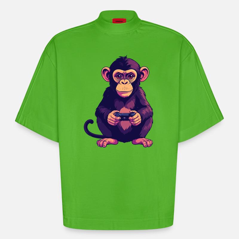 Monkey on controller playing console gaming - Heavyweight Oversized Organic Boxy T-Shirt Made in EU - Apple Neon