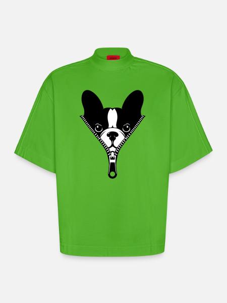 French Bulldog in a Zipper - Heavyweight Oversized Organic Boxy T-Shirt Made in EU - Apple Neon