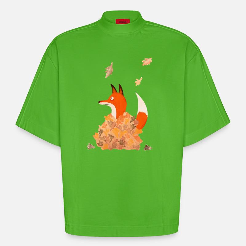 Fuchs mit Blättern - Heavyweight Oversized Organic Boxy T-Shirt Made in EU - Apple Neon