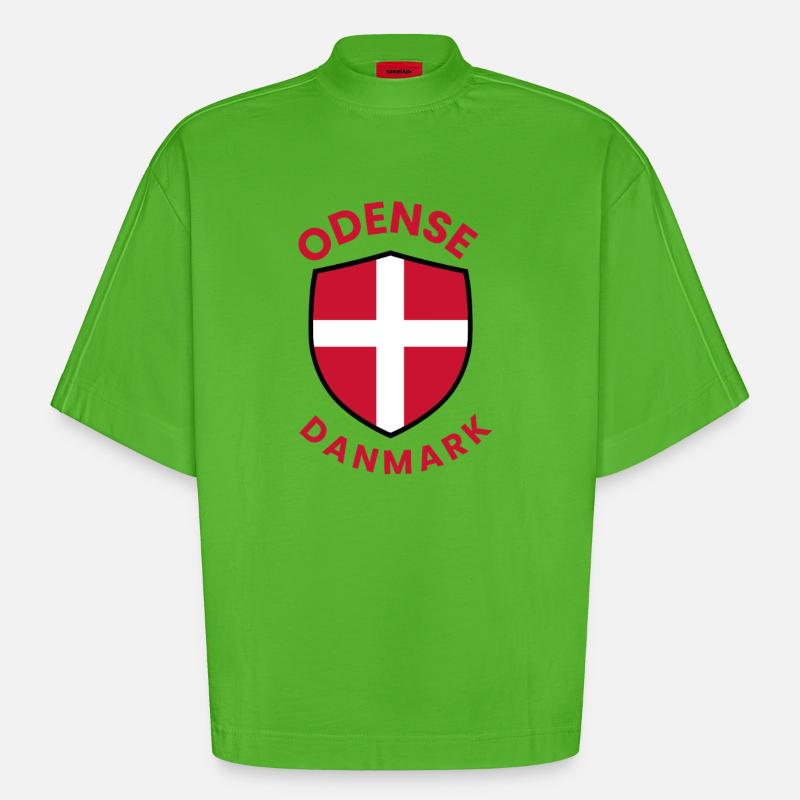 Blason du drapeau du Danemark d’Odense - T-shirt bio épais oversize Boxy fabriqué en UE - Apple Neon