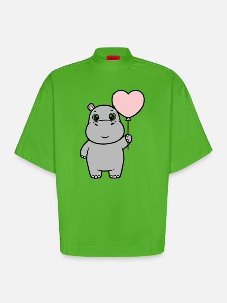 Süßes Nilpferd Herz Ballon Liebe - Heavyweight Oversized Organic Boxy T-Shirt Made in EU - Apple Neon