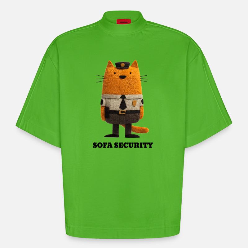 Cat in Security Look - Sofa Security - Heavyweight Oversized Organic Boxy T-Shirt Made in EU - Apple Neon
