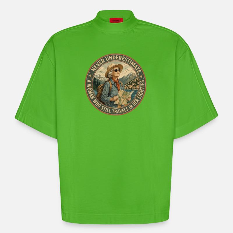 Baroudeuse de 80 ans : L'Aventure Continue - T-shirt bio épais oversize Boxy fabriqué en UE - Apple Neon
