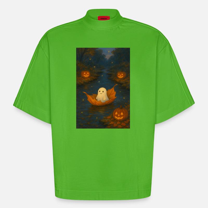 Fantôme mignon dans le feuillage d’automne - T-shirt bio épais oversize Boxy fabriqué en UE - Apple Neon