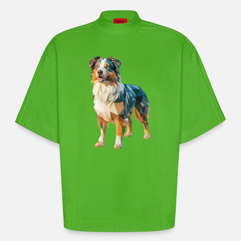 Australian Shepherd - Cooles Low Poly Logo - Heavyweight Oversized Organic Boxy T-Shirt Made in EU - Apple Neon