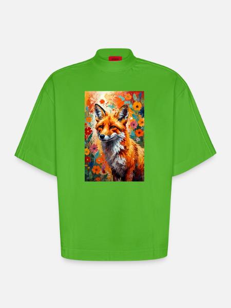 Fox flowers abstract fox lover gift - Heavyweight Oversized Organic Boxy T-Shirt Made in EU - Apple Neon