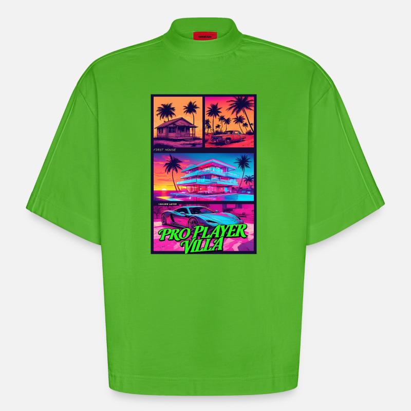 PROFISPIELER VILLA - Neon Synthwave Gaming Art - Heavyweight Oversized Organic Boxy T-Shirt Made in EU - Apple Neon