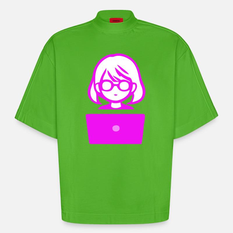Woman with Computer Programmer Coder - Heavyweight Oversized Organic Boxy T-Shirt Made in EU - Apple Neon
