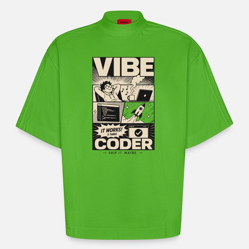 Vibe Coder Programmer Humor - Heavyweight Oversized Organic Boxy T-Shirt Made in EU - Apple Neon