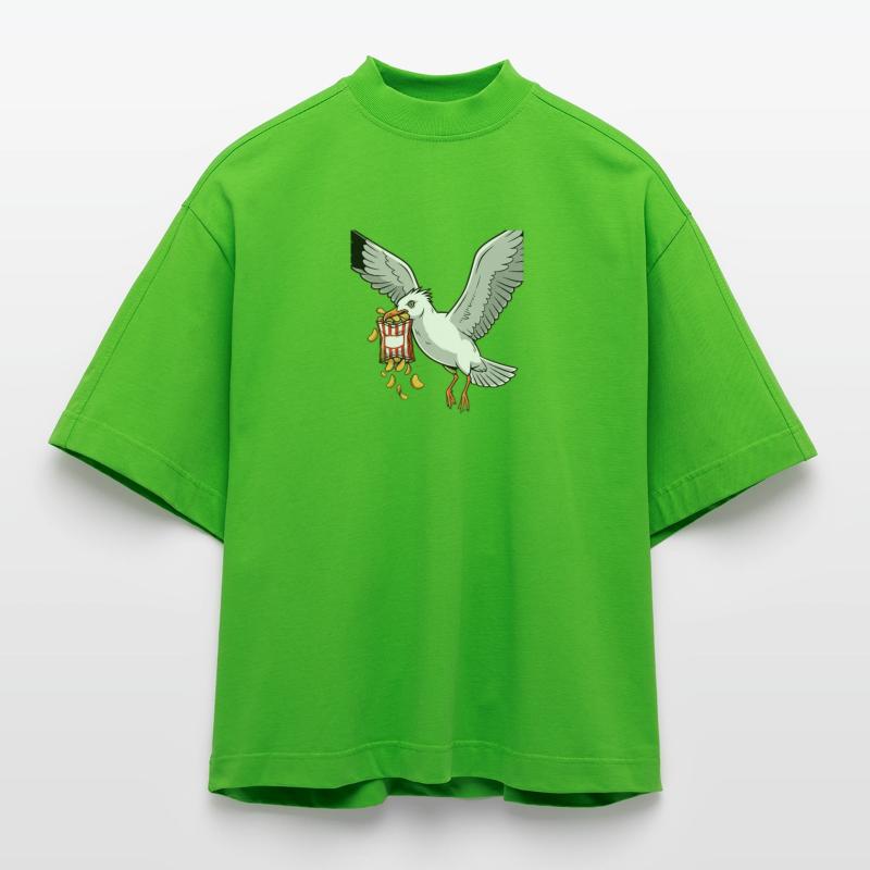 Möwe mit Chips Snack Design Heavyweight Oversized Organic Boxy T-Shirt Made in EU