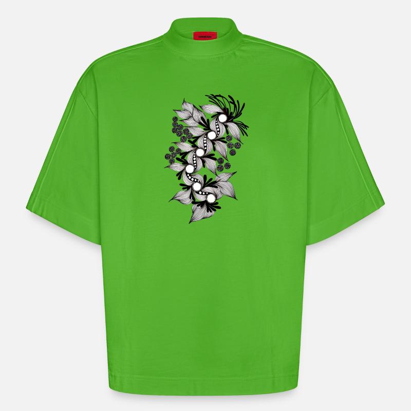 Spirale de fleurs noires et blanches - T-shirt bio épais oversize Boxy fabriqué en UE - Apple Neon
