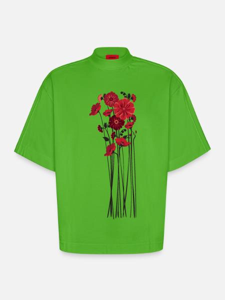 Pebble Flowers Illustration - Heavyweight Oversized Organic Boxy T-Shirt Made in EU - Apple Neon