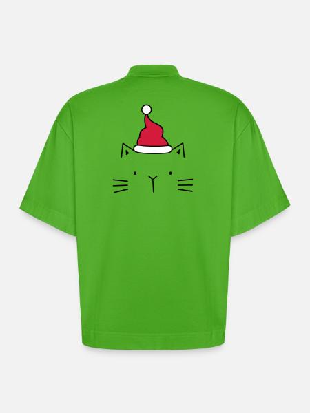 Cat Santa Claus Christmas hat Christmas - Heavyweight Oversized Organic Boxy T-Shirt Made in EU - Apple Neon