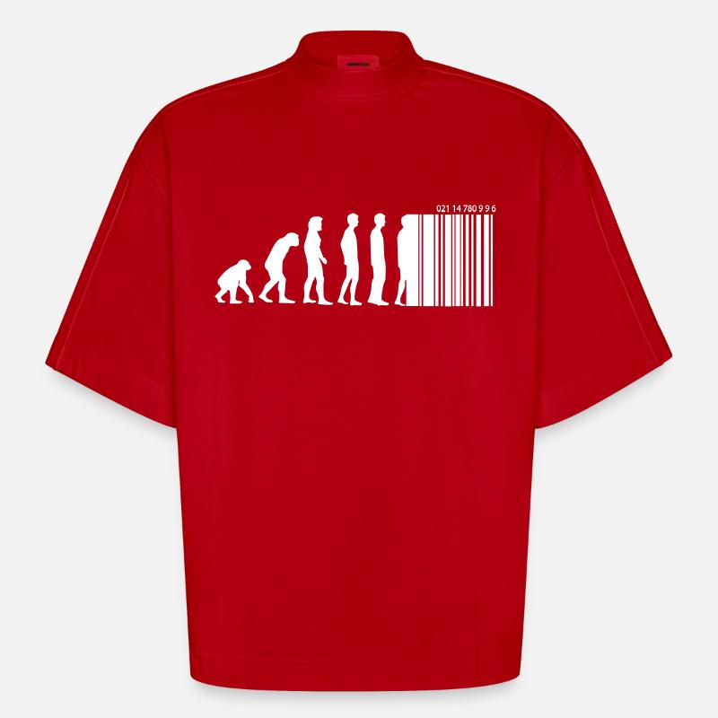 DARWIN - EVOLUTION SOCIETE - CODE BARRE - T-shirt bio épais oversize Boxy fabriqué en UE - rouge