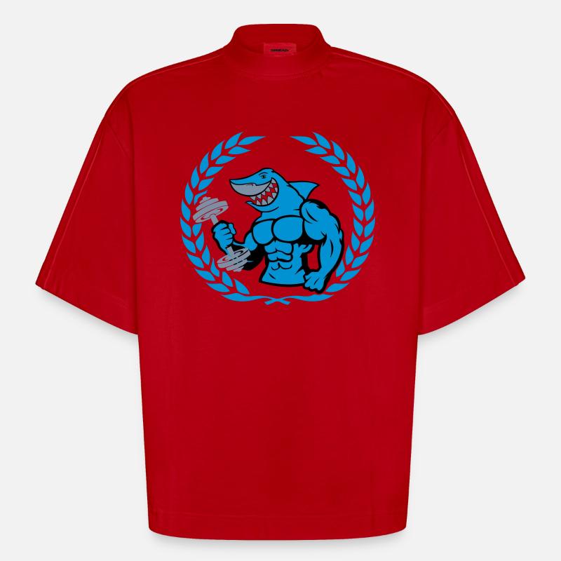 Haltère de musculation requin requin - T-shirt bio épais oversize Boxy fabriqué en UE - rouge