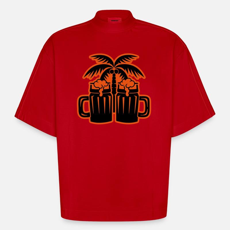 Beer Beach Palm Trees Island - Heavyweight Oversized Organic Boxy T-Shirt Made in EU - red