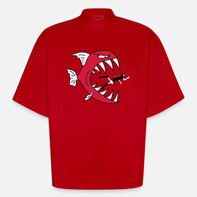 Monster Fish Eats Diver - T-shirt bio épais oversize Boxy fabriqué en UE - rouge
