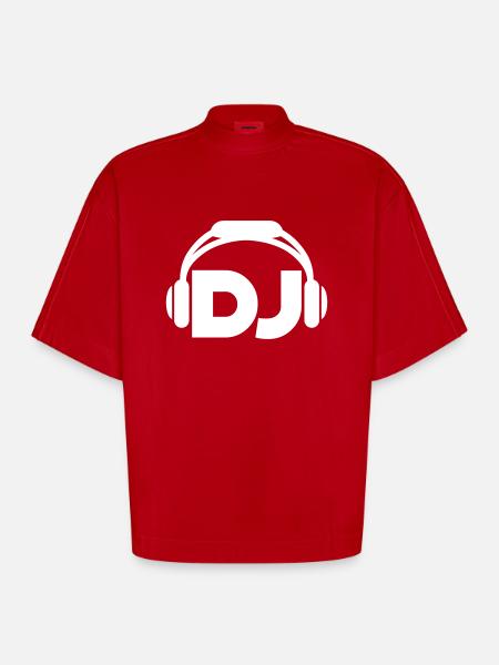 DJ Headphones Music Party Celebrations Text Lettering - Heavyweight Oversized Organic Boxy T-Shirt Made in EU - red