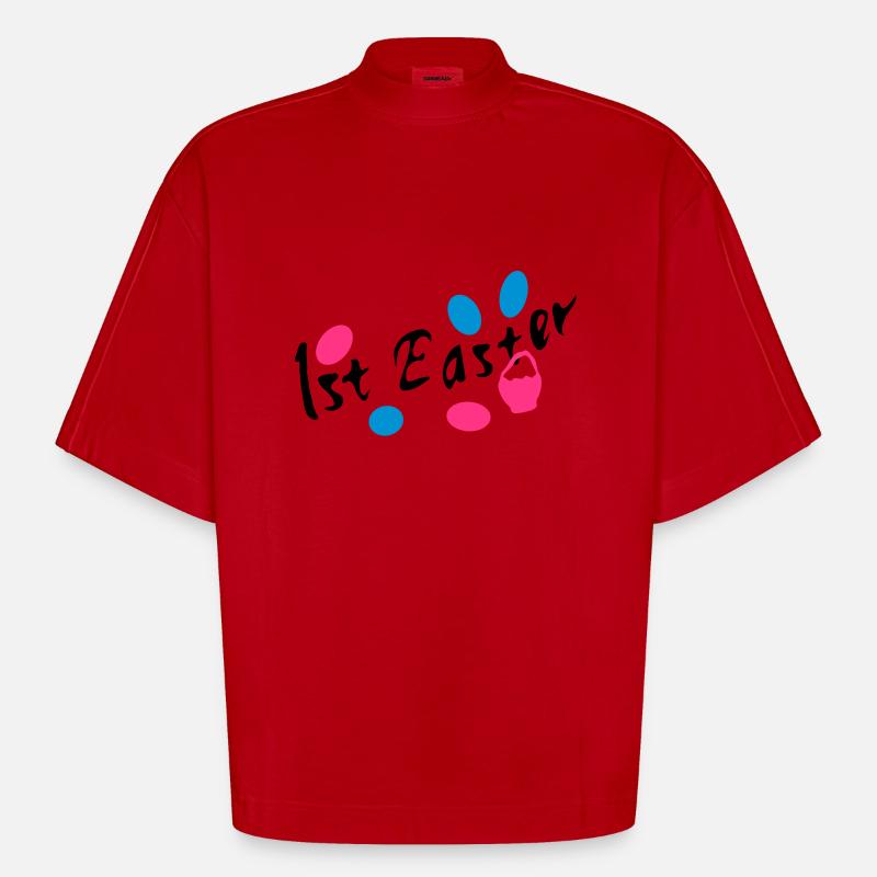 1er Pâques txt easter eggs - T-shirt bio épais oversize Boxy fabriqué en UE - rouge