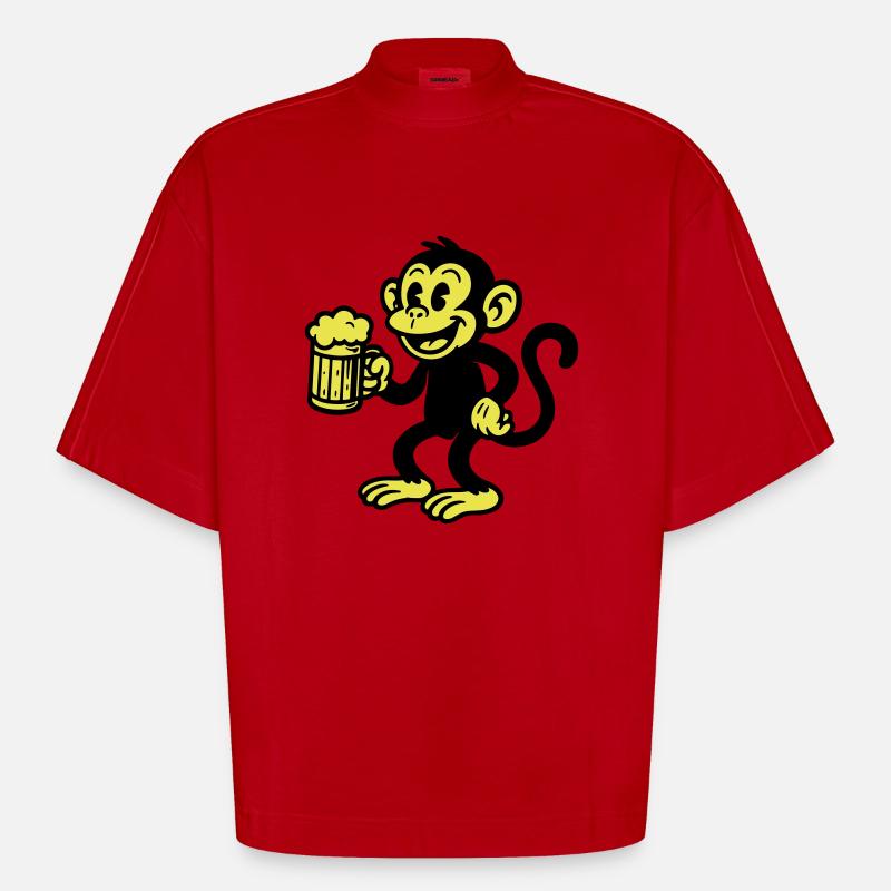 Monkey Beer Drinking - T-shirt bio épais oversize Boxy fabriqué en UE - rouge