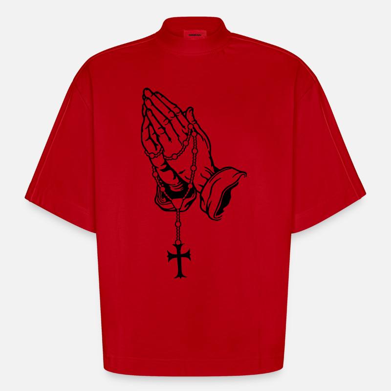 Praying Hands mit Rosenkranz Basic - Heavyweight Oversized Organic Boxy T-Shirt Made in EU - Rot