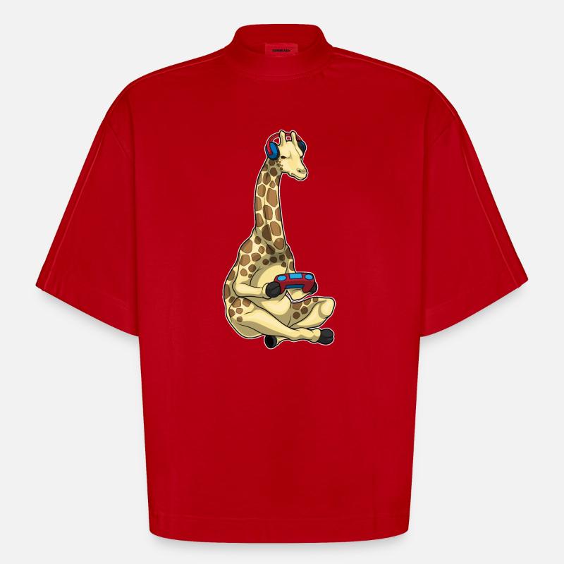 Giraffe Gamer Controller - Heavyweight Oversized Organic Boxy T-Shirt Made in EU - Rot