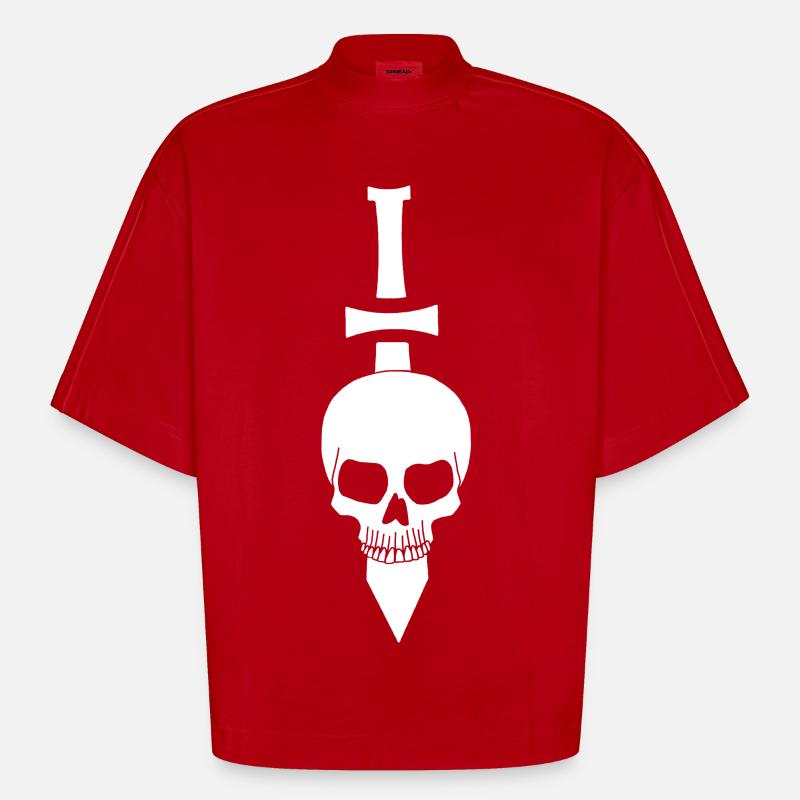 Crâne blanc et épée - T-shirt bio épais oversize Boxy fabriqué en UE - rouge