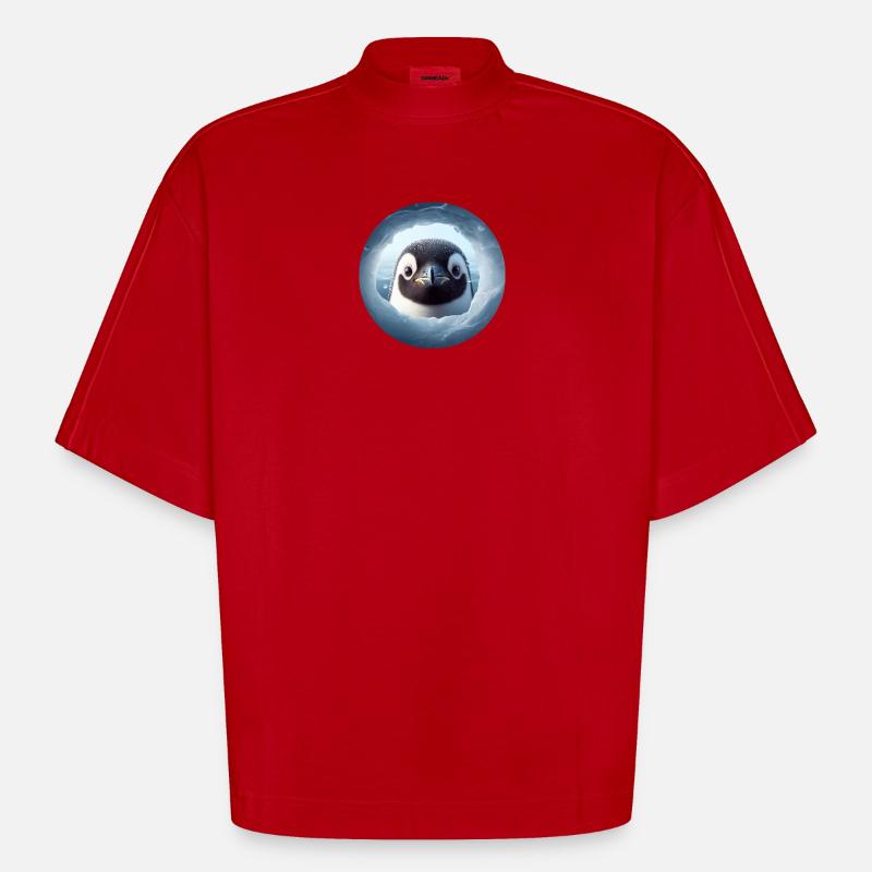 Pinguin schaut durch Schnee Loch - Heavyweight Oversized Organic Boxy T-Shirt Made in EU - Rot