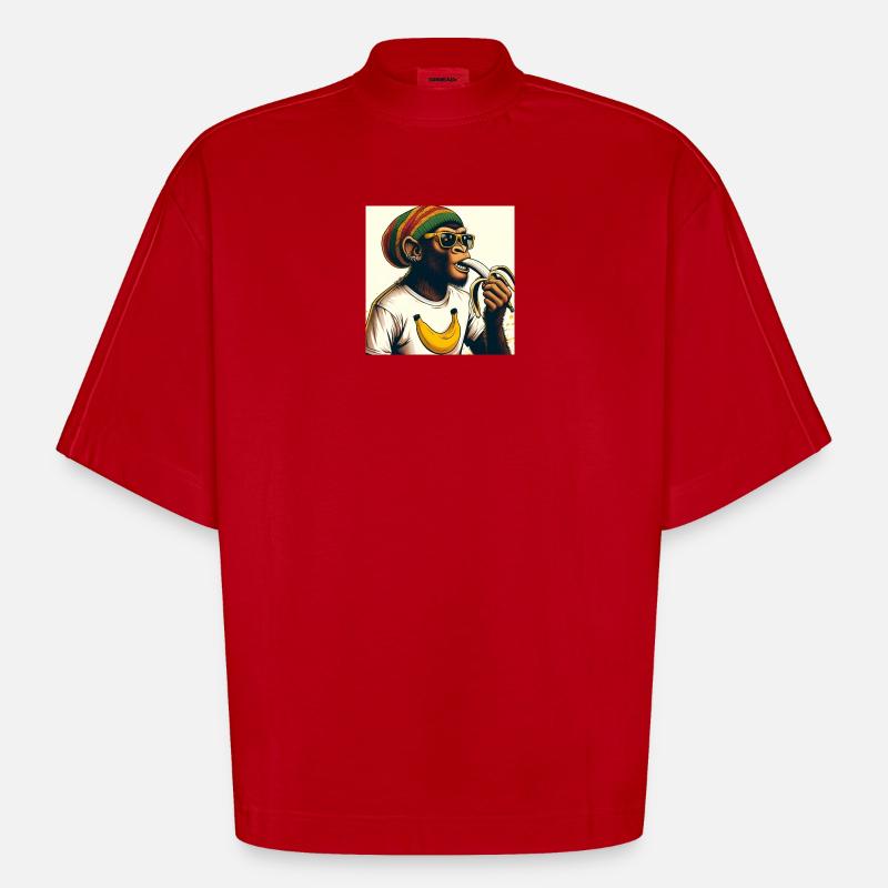 Cool monkey eats banana - Heavyweight Oversized Organic Boxy T-Shirt Made in EU - red