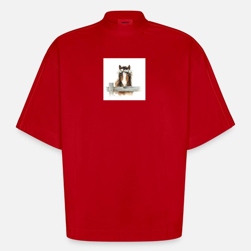 Blütengekrontes Pferd - Heavyweight Oversized Organic Boxy T-Shirt Made in EU - Rot