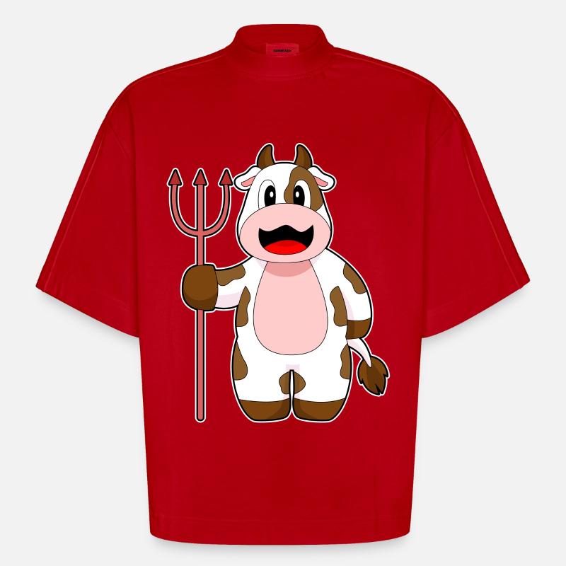 Vache Halloween Devil Trident - T-shirt bio épais oversize Boxy fabriqué en UE - rouge