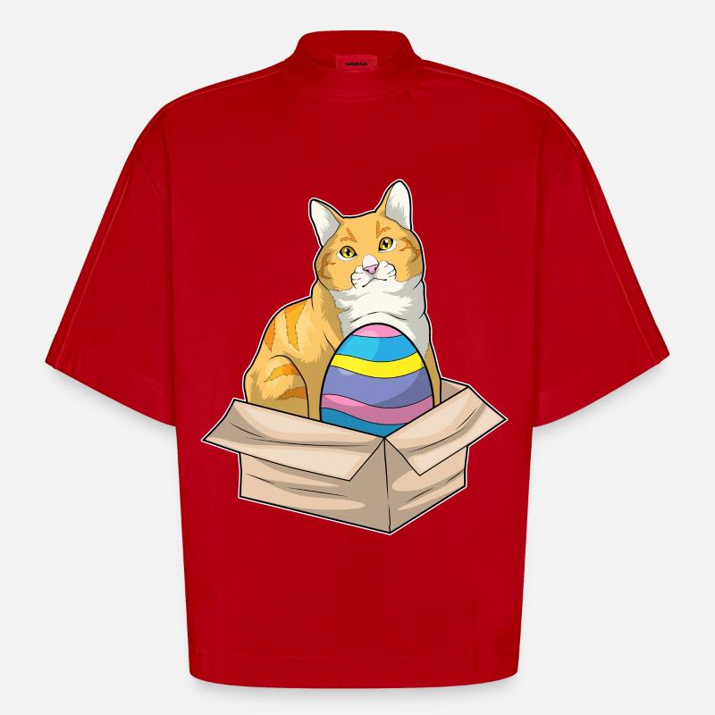 Cat Easter Easter Egg - Heavyweight Oversized Organic Boxy T-Shirt Made in EU - red